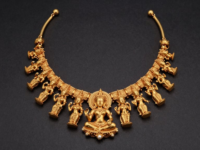 Chiaroscuro studio shot of a heavy temple gold necklace featuring hand-carved divine figures, gleaming against a deep charcoal background.