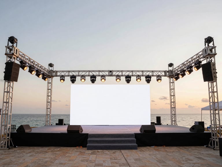 Medium shot of an immaculately set up event stage with professional lighting trusses, ready for a corporate presentation, warm ambient evening lighting, clean composition.