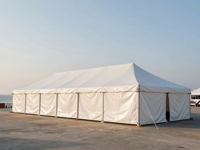 Wide exterior shot of a massive white structural tent firmly anchored on a coastal event site, under bright, natural daylight, showing its robust design and clean lines.