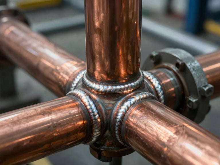 Macro shot of a perfect copper piping weld bead on an industrial evaporator, high-contrast workshop daylight, landscape framing.