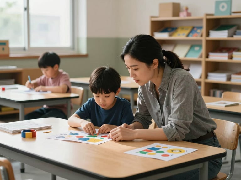 Wide environmental shot of a classroom during active session — a credentialed teacher kneeling beside a low table, leaning close to observe a child arranging sorting materials, natural north-facing window light across the table surface, second child visible in soft focus background working independently, learning materials arranged deliberately on shelves behind, no posed eye contact with camera