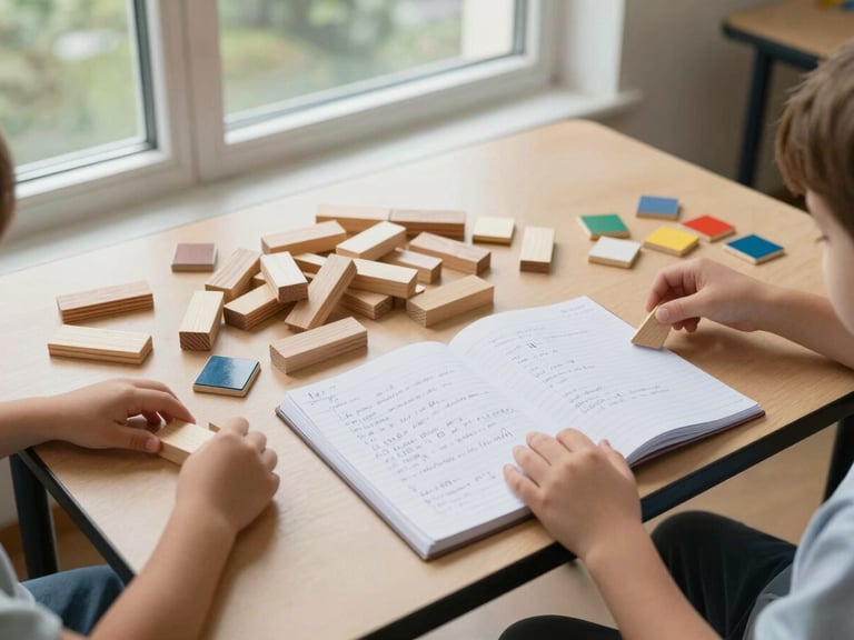 Overhead editorial shot, natural daylight from a high north-facing window, a low classroom table covered with wooden building blocks, small painted tiles, and an open documentation notebook with handwritten observation notes — two pairs of small children's hands mid-reach for materials, no faces visible, clinical compositional clarity