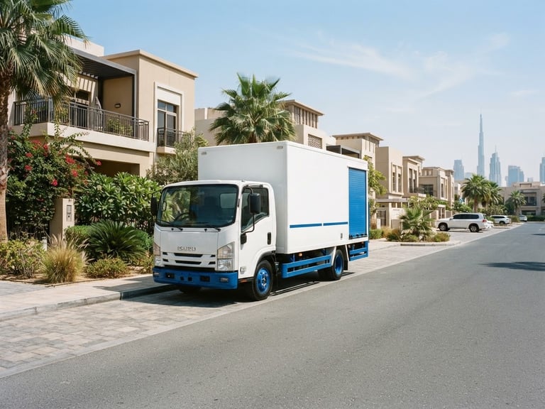 Bright high-key commercial photography, crisp midday sunlight, a clean white Quick Junk truck parked in a modern Dubai residential street, sharp focus, 35mm