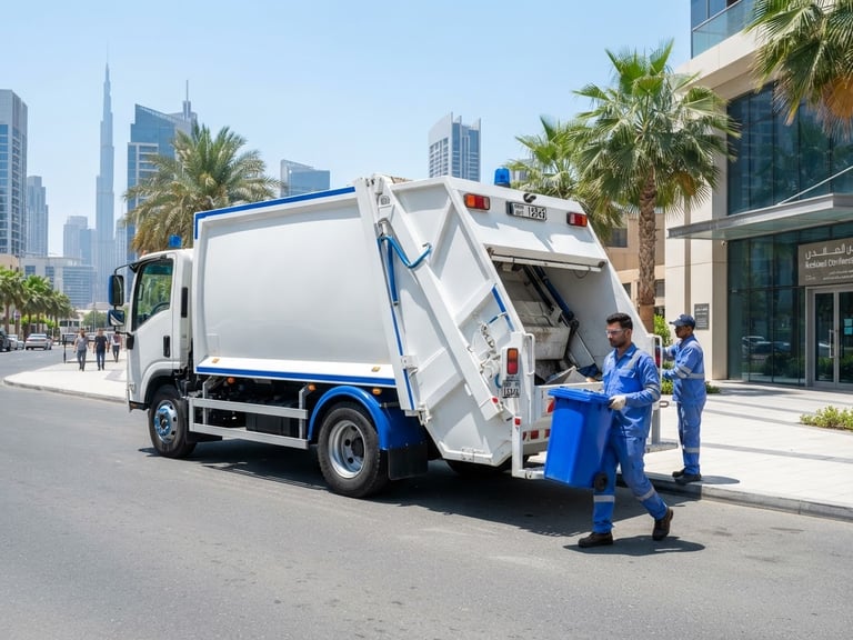 Branded white Quick Junk truck parked on a clean Dubai street under bright midday sunlight, professional uniformed crew ready for same-day waste clearance