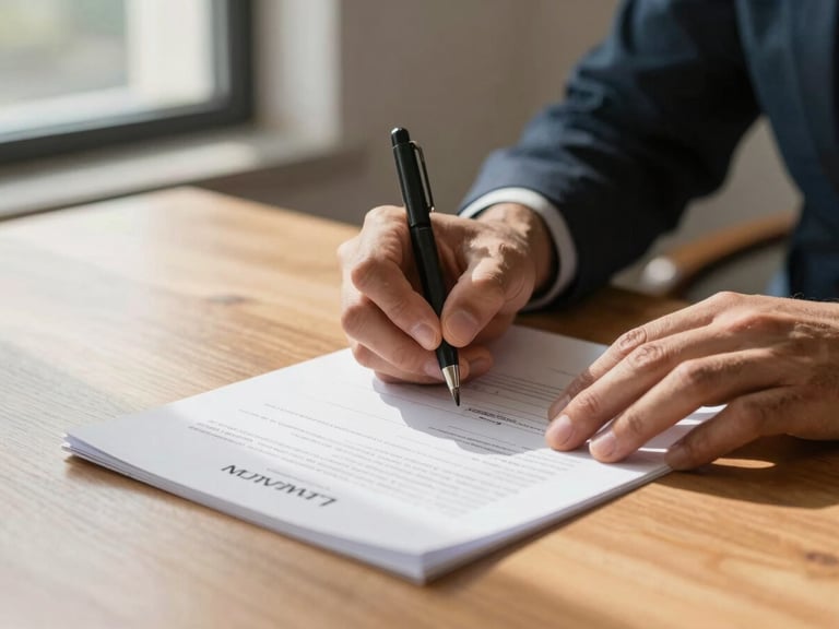 Close-up of hands signing a structured loan document on a clean wooden table, warm natural light from a side window.