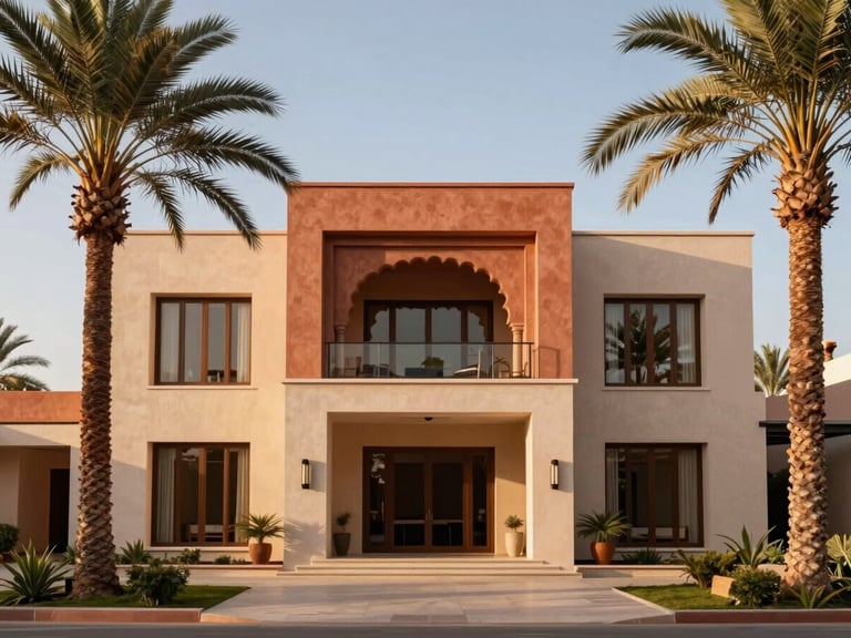 Architectural photograph of a modern luxury villa facade in Marrakech, clean lines, terracotta accents, majestic desert palms framing the frame
