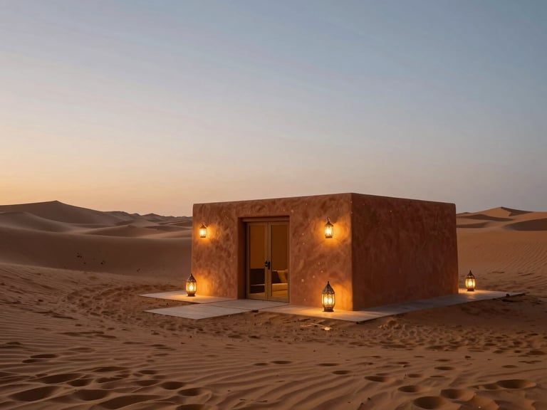 A minimalist luxury desert camp setup in Agafay at dusk, low warm lighting from Moroccan lanterns, expansive desert dunes, clear twilight sky.
