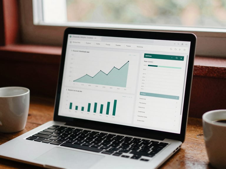 A laptop screen showing a clean analytics dashboard with growth charts, a planner and coffee cup nearby, soft, natural light filtering through a window, behind-the-scenes agency work
