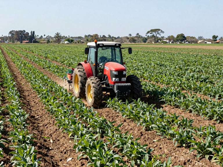 Tractor pequeño con equipo de fumigación, operando entre hileras de cultivos verdes saludables en un día soleado en Santa Elena.
