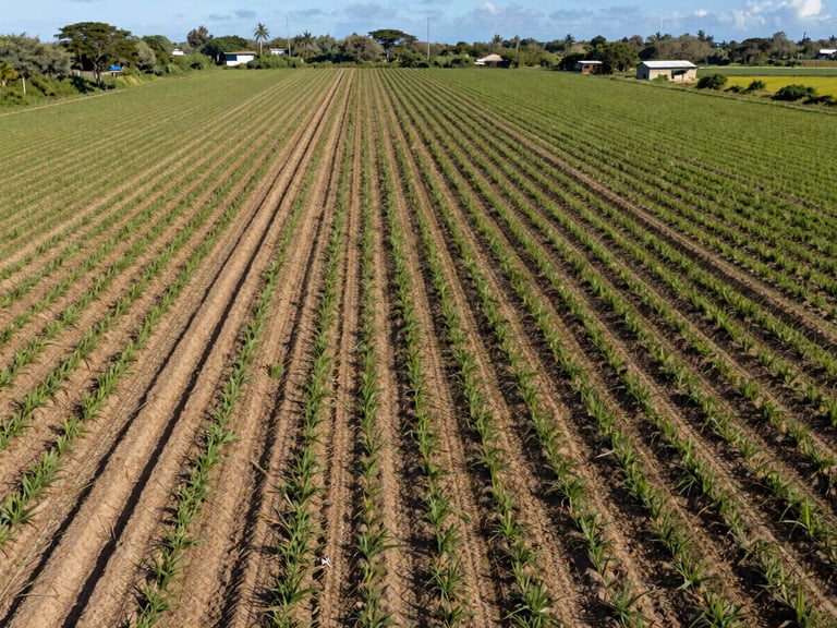 Maquinaria de nivelación en un campo plano y soleado de Santa Elena, con líneas de cultivo perfectamente rectas, vista aérea ligera.