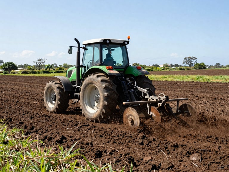 Tractor pesado con arado, trabajando en un campo de tierra oscura en Santa Elena bajo la luz solar directa, con enfoque en el detalle del suelo removido.