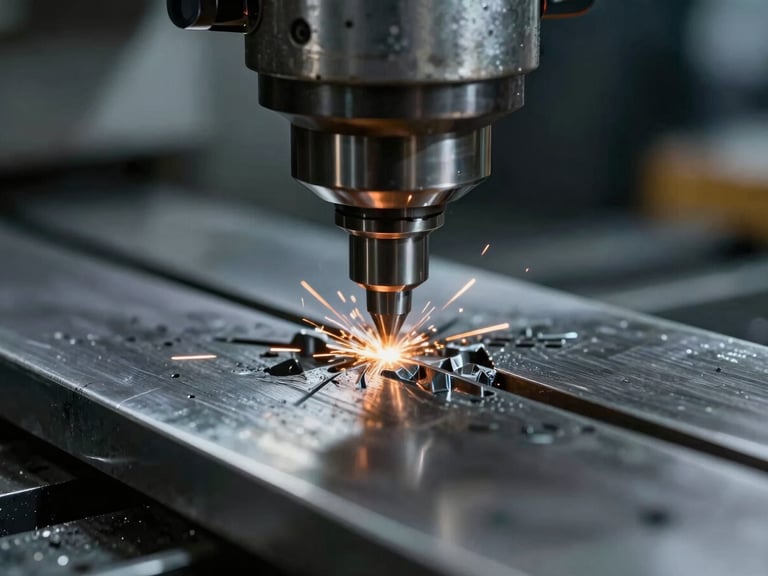 Close-up of a CNC milling head carving steel, dramatic workshop lighting, cool steel tones, macro depth of field.