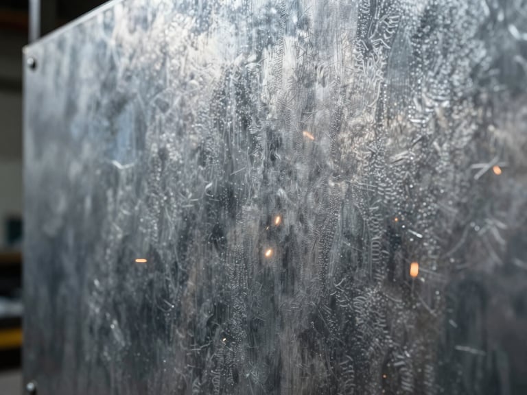 Detail of a bead-blasted metal panel with a unique texture, directional workshop light, sharp focus, cool steel tones.