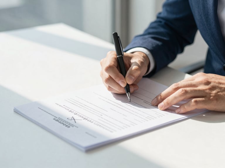 Close-up of a professional signing official transit documents on a clean desk, bright corporate daylight, sharp focus.