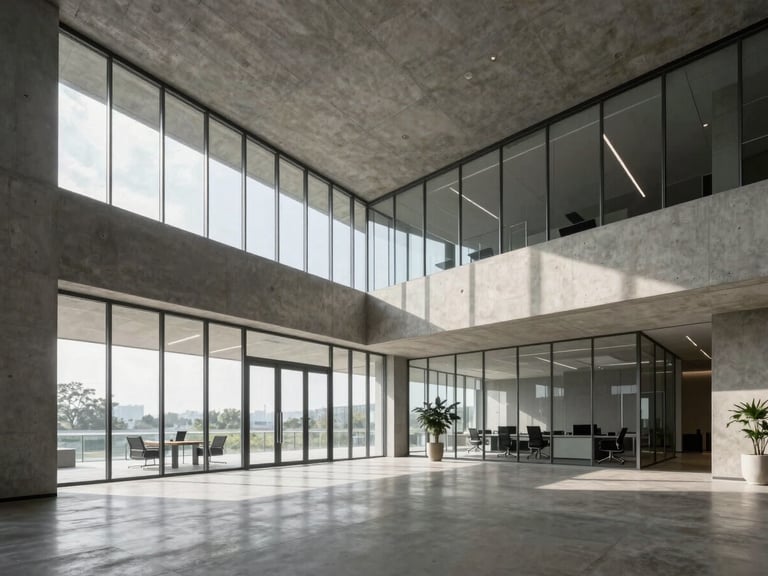 Wide panoramic view of a modern minimalist office lobby with sharp architectural concrete lines and glass partitions, cool daylight, no people.