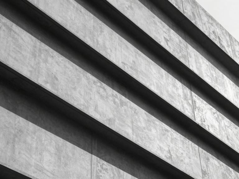 Close-up of structured architectural lines with sharp geometric shadows in cool daylight, high-contrast monochrome.