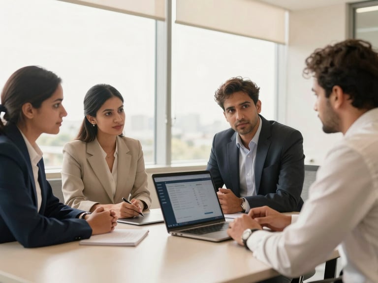 Sunlit corporate office in Bengaluru with large windows, professional advisors in a natural discussion around a digital ledger, warm cream palette, 35mm