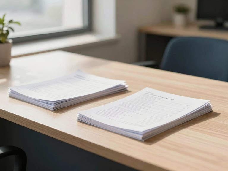 Bright modern sunlit office interior in Gurugram, neatly organized documents on a wooden desk, soft corporate tones, shallow depth of field, 35mm