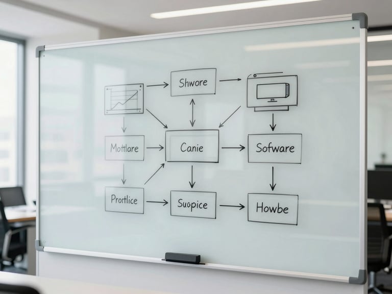 An abstract architectural diagram of software systems drawn on a clean glass whiteboard in a well-lit corporate meeting room, bright natural light