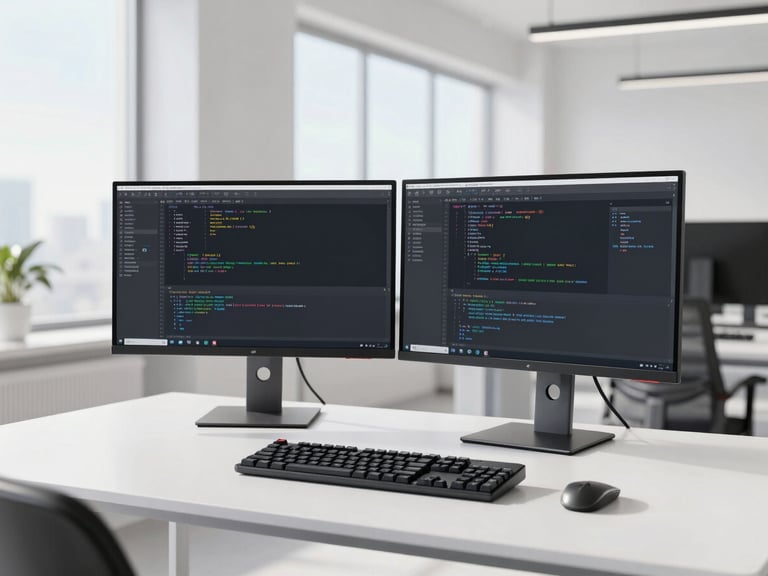 A clean modern developer workspace with dual monitors showing code, a mechanical keyboard, bright natural daylight, minimalist corporate environment
