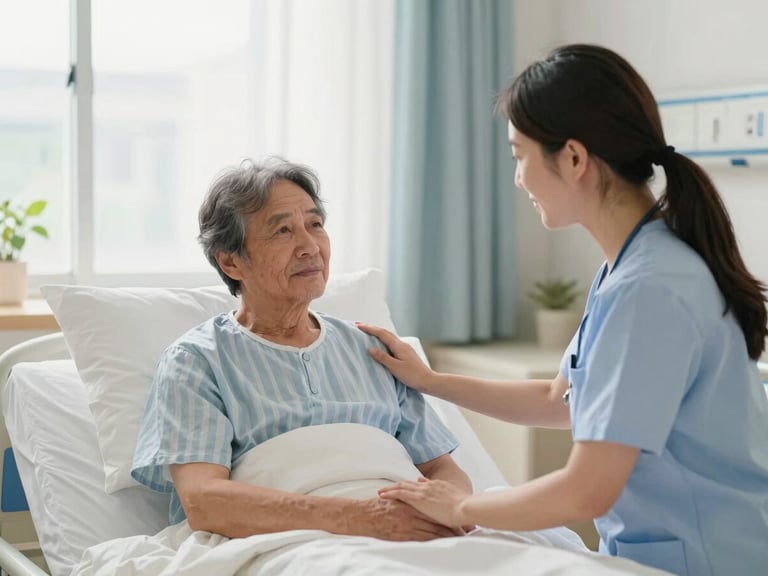 Caregiver providing gentle companionship to a patient in a well-lit hospital room, soft natural light, focus on calm interaction and reassurance.