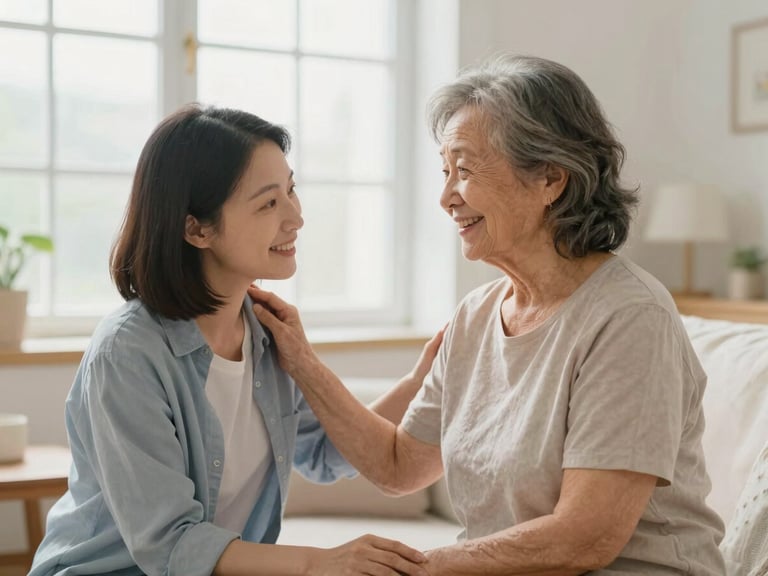 Caregiver gently assisting an elderly woman with a warm smile in a bright, clean living room, natural window light, shallow depth of field, focus on connection and trust.