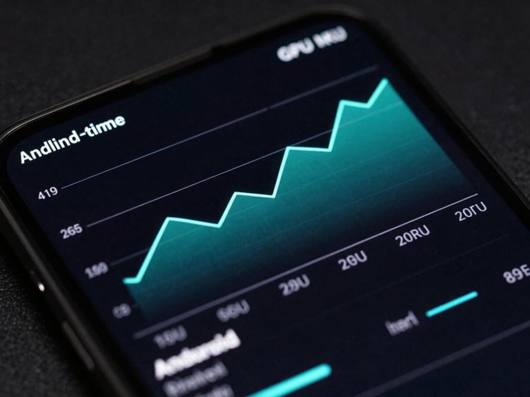 Macro angled shot of a flagship Android screen displaying real-time GPU rendering graphs, neon cyan lines on deep black glass, sharp focus, dark studio lighting