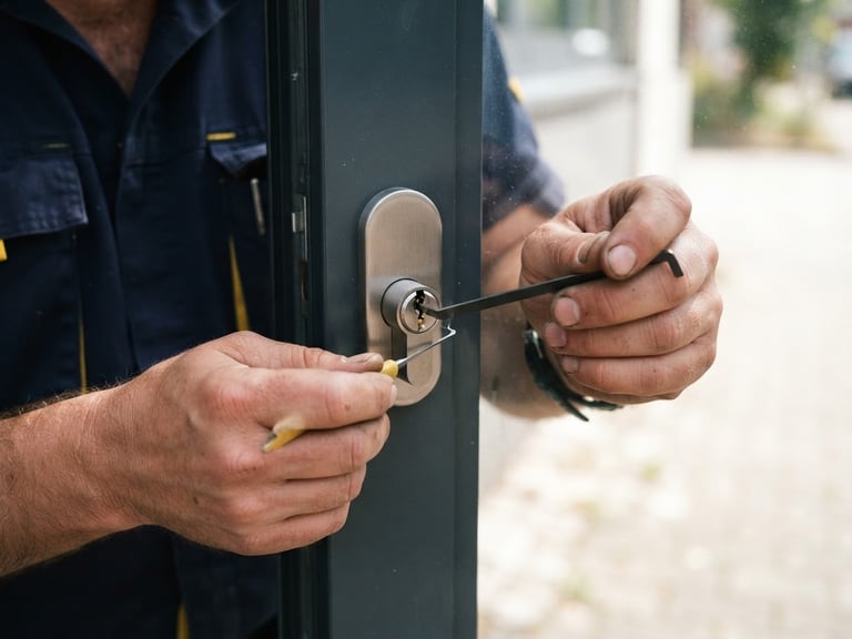 Close-up of professional locksmith hands carefully adjusting a clean modern lock cylinder with specialized tools, bright natural outdoor daylight, high contrast navy and yellow tones, 35mm lens