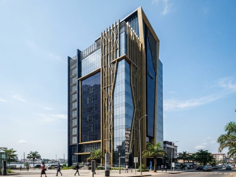 Bright, high-contrast architectural shot of a modern corporate building in Douala, sharp focus, premium corporate photography style.