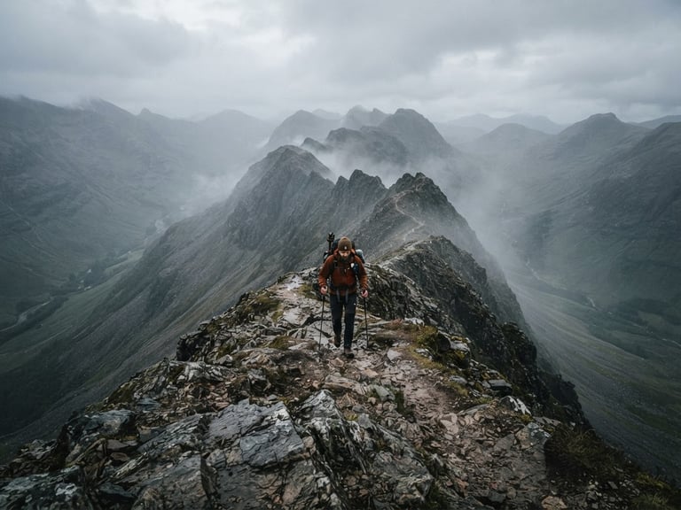 Wide-angle environmental shot of a hiker navigating a narrow mountain ridge under misty morning light, desaturated forest greens and slate grays.