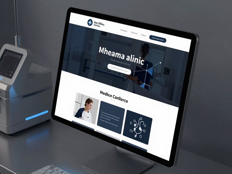 Isometric device mockup showing a sleek, dark-themed medical clinic website on a high-end display, sharp metallic reflections, electric blue accent glow.