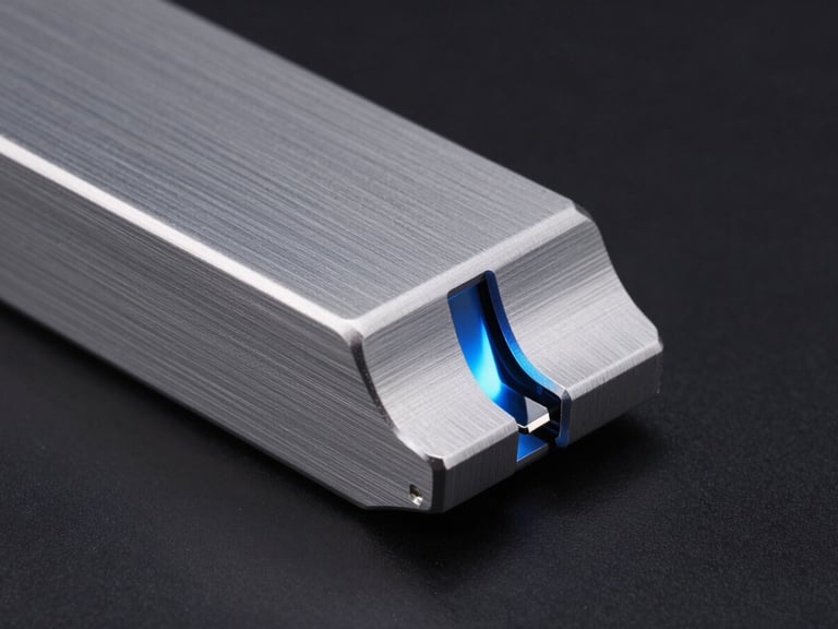 Macro studio shot of a sleek, brushed aluminum device edge reflecting a subtle electric blue light against a dark background, representing precision engineering.