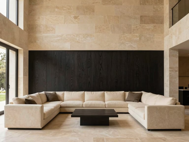 Straight-on architectural photograph of a luxury villa living room, warm sand-beige stone walls, custom dark wood panels, soft natural daylight, minimalist editorial styling