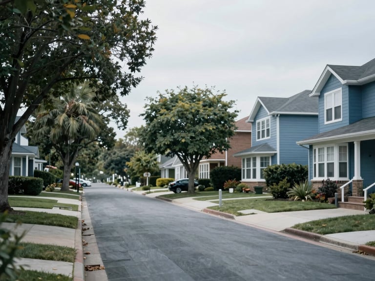 A quiet residential neighborhood street with mature trees and family homes, soft overcast daylight, muted slate and blue tones, editorial corporate photography style.