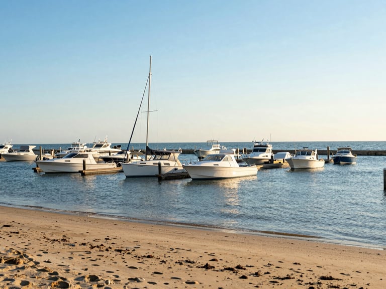 Bright coastal photography of boats docked at a Virginia Beach marina, natural golden-hour daylight, clean blue and warm sand tones.