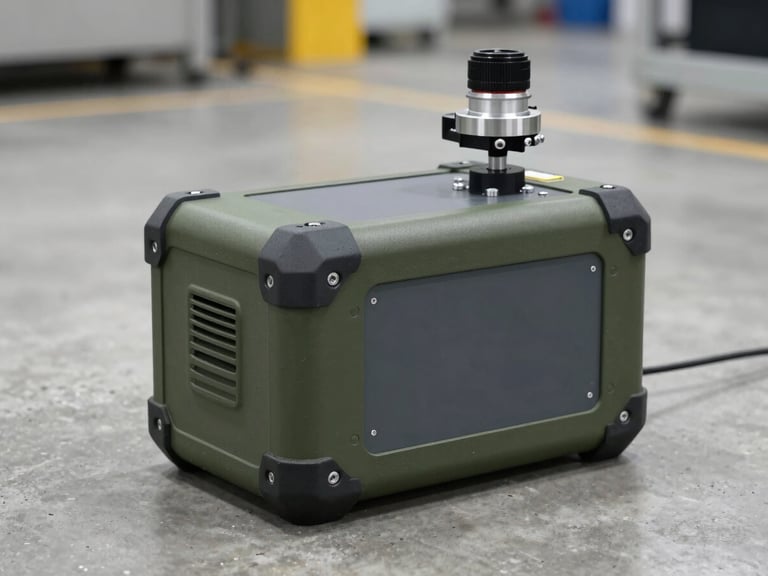 Side angle of a ruggedized industrial testing instrument with thick olive green rubber armor, sitting on a concrete factory floor, cool technical lighting, sharp focus