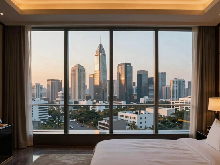Straight-on perspective of a luxurious bedroom with floor-to-ceiling glass windows showing the Mumbai skyline at dusk