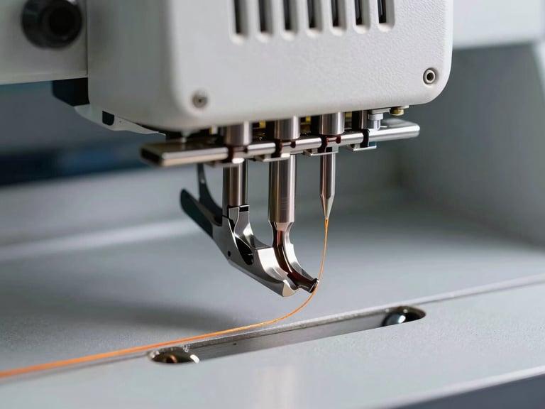 Macro shot of industrial embroidery machine needles in rapid motion, high-contrast directional workshop lighting catching the metallic sheen of the steel and the taut orange thread.