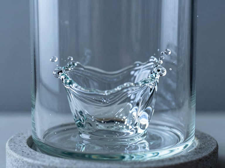 Macro studio shot of a spinning water vortex inside a clear borosilicate glass chamber, sharp refractions, cool blue tones, minimalist concrete background