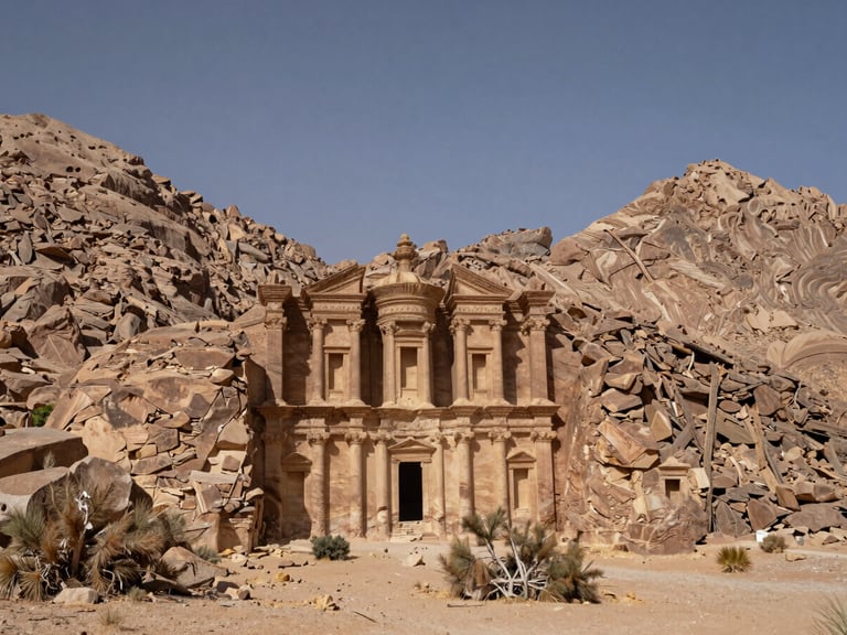 Wide shot of the ancient granite walls of St Catherine's Monastery in the Sinai desert at midday, stark mountain ridgeline behind, dry scrub in the foreground, no tourists visible