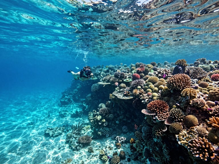 Underwater wide-angle shot from snorkeler perspective, shallow reef at Ras Mohammed with vivid coral formations, clear turquoise water, sunlight refracting down from the surface, no people