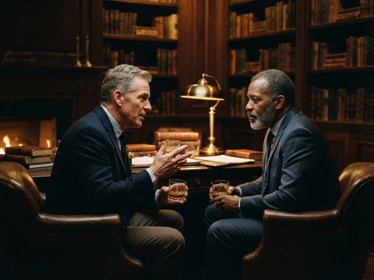 Cinematic medium-close shot of executives in deep conversation inside a dimly lit private library. Warm golden ambient light reflects off leather chairs and dark wood paneling, shallow depth of field, 35mm film look.