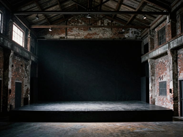 Dramatic wide shot of a minimalist black-box theater stage inside a former industrial warehouse, with exposed brick walls and high ceilings, under focused stage lighting, 35mm film grain.