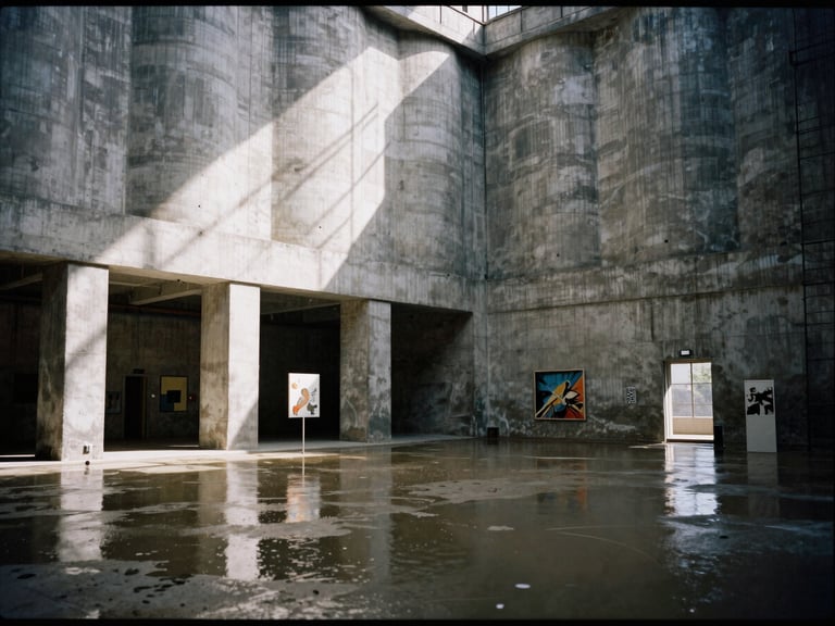 Wide shot of a converted concrete grain silo interior, flooded with dramatic natural light, showcasing art installations and exposed brutalist architecture, 35mm film grain.