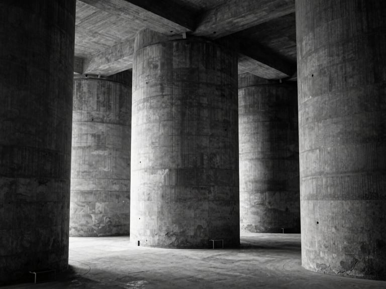 High-contrast black and white photograph of a renovated concrete silo interior, now a modern art gallery, dramatic light, exposed concrete textures