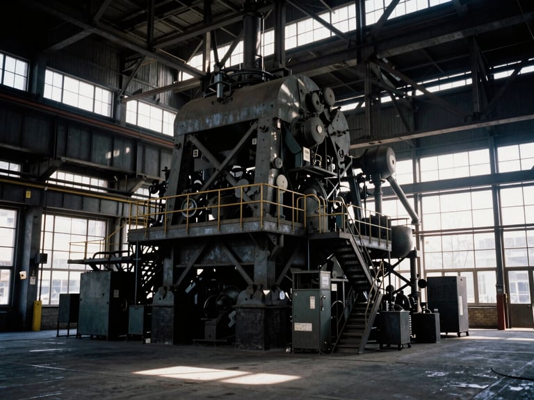 High-contrast interior shot of a refurbished industrial foundry, with exposed steel trusses and large windows, bustling with activity, dramatic natural light, 35mm film grain.