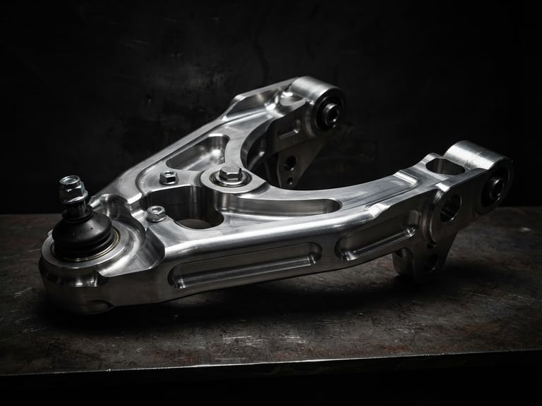 Low-angle high-contrast studio shot of a machined billet steel suspension control arm, sharp metallic highlights, deep shadows, dark background.