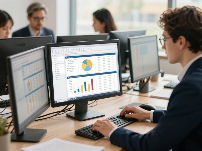 A professional corporate workspace with staff members reviewing structured data charts on screens, warm natural daylight, deep navy tones