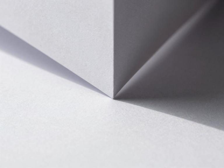 Macro photograph of white folded paper geometry, sharp diagonal shadows, hard directional daylight, minimalist composition, 50mm