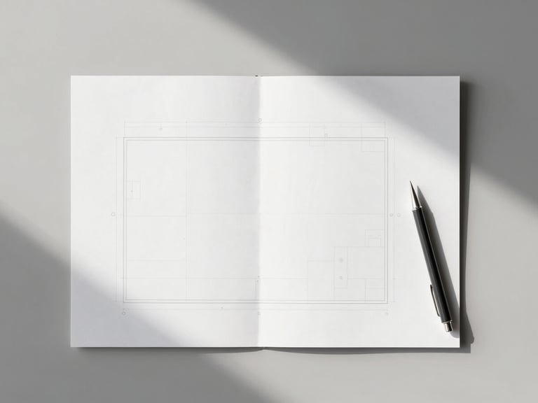 Minimalist overhead desk layout with clean physical blueprints, sharp shadows, and drafting tools on a neutral surface.